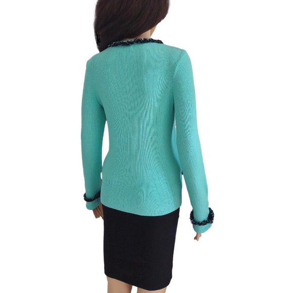 Cache Aqua Black Fringe Ribbed Zip Cardigan Sweater 6 S M - Picture 6 of 9